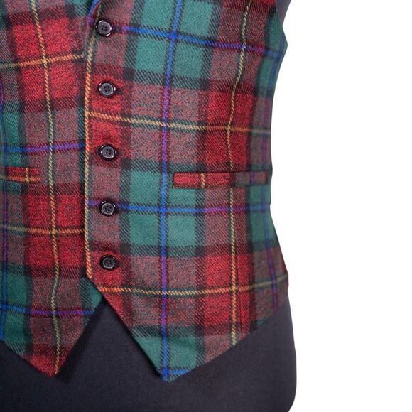 Mens Vest 40R Wool Tartan Plaid Green Red Waistcoat Formal Wedding Groom Party - Picture 6 of 9